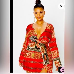 Red and Gold Patterned Mini Dress